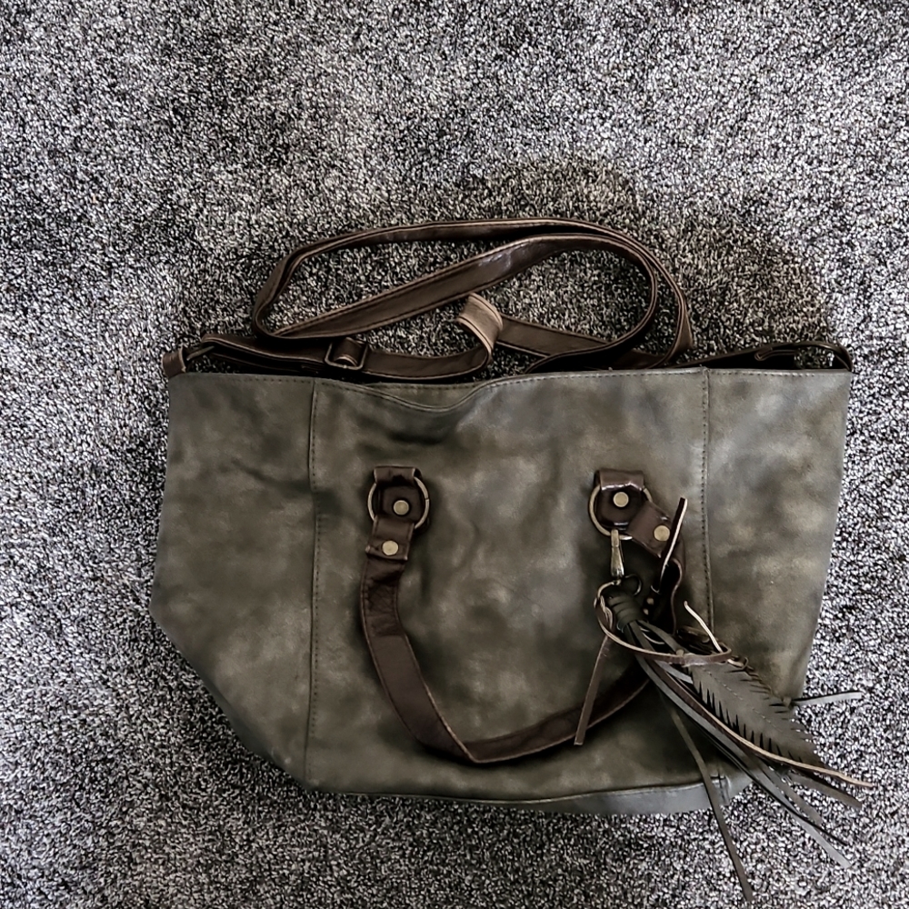 Grey and brown slouchy bag purse with fringe and metal feather detail